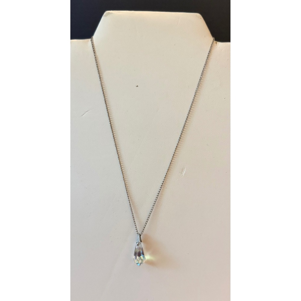 Womens 16" Necklace Silver Sterling Crystal Teardrop Iridescent Event Chic